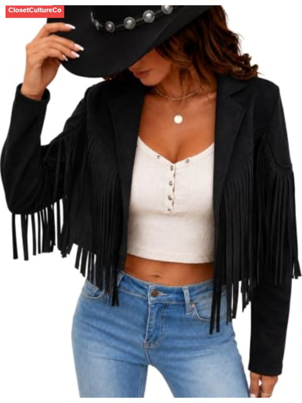 Faux Suede Fringe Tassel Cropped Jacket Western Cowgirl Open Front